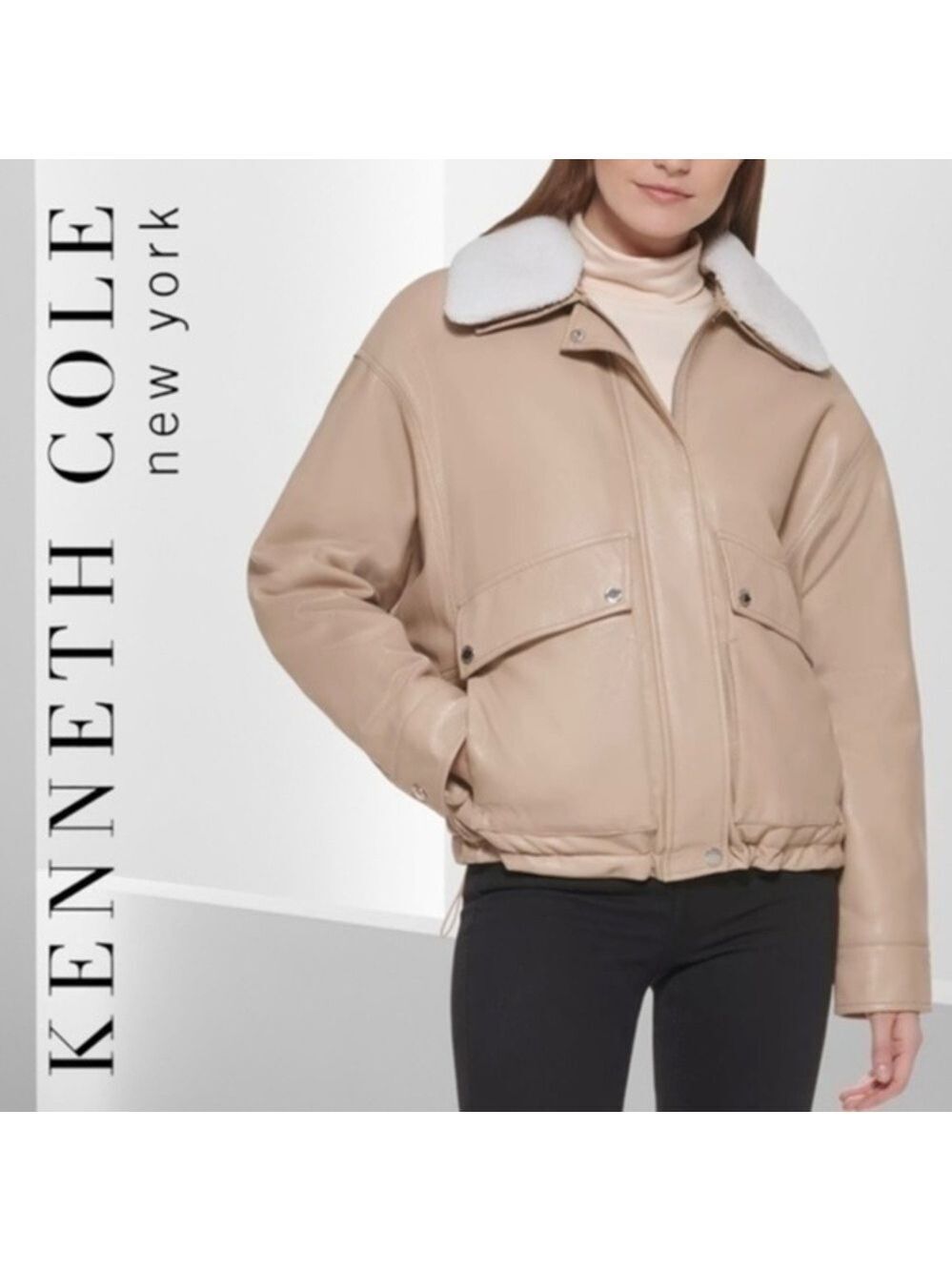 KENNETH COLE Vegan Leather Removable Fur Collar Bomber Jacket-Light Khaki/Md